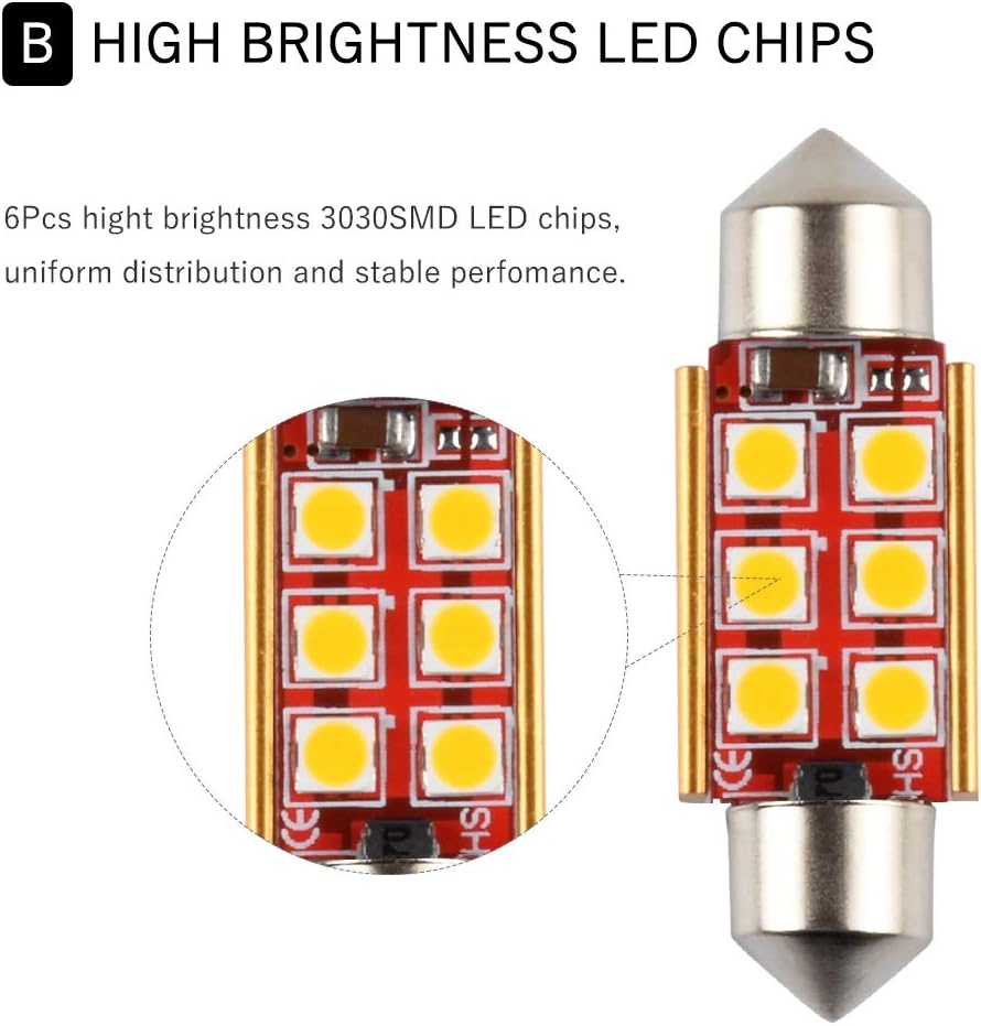 1797 Bombilla LED C5W 6411 6418 DE3425 de 1.417 in, luz blanca cálida 3030 SMD para coches, mapa, matrícula, cajuela, luces de repuesto para lámpara