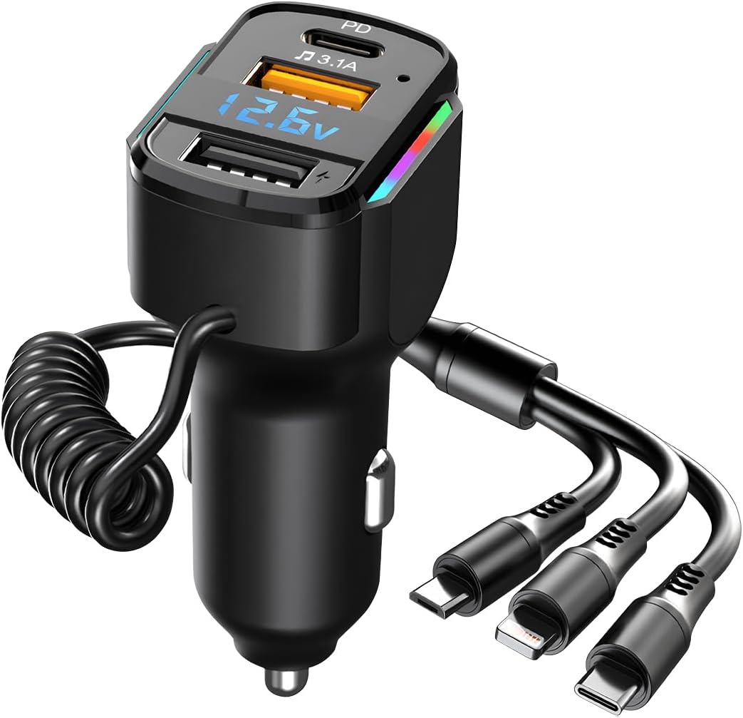 Cargador de coche USB C, cargador de coche rápido de 3 puertos PD3.0 y QC3.0 con pantalla digital LED, adaptador de carga rápida para encendedor de