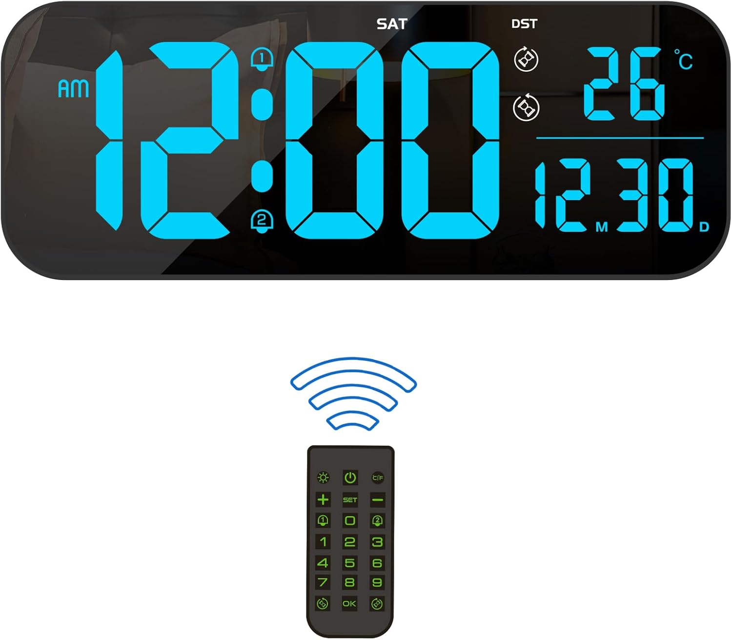 Reloj de pared digital, pantalla LED grande de 15.2 pulgadas con control remoto, 2 despertadores, DST, atenuación automática, 1224 horas,