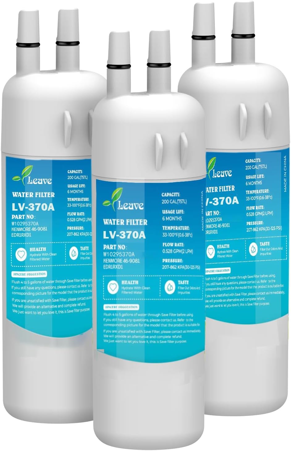 Leave W10295370A Filtro de agua compatible con filtro de agua W10295370A, EDR1RXD1, Filter 1, W10295370, P4RFWB, P8RFWB2L, 46-9930, 46-9081  Paquete