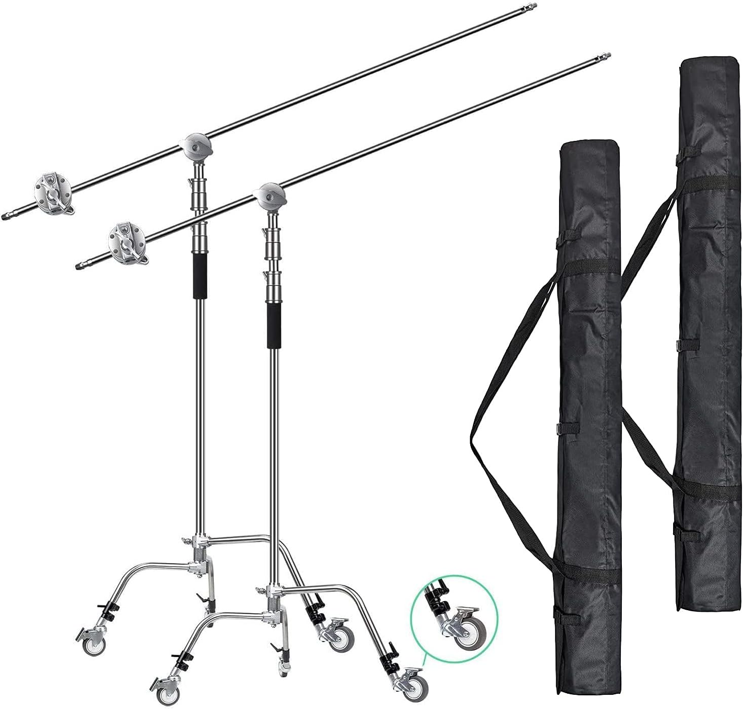 EACHSHOT 2 paquetes de soporte C con ruedas y bolsas de metal Max 10.8 pies129.9 in con brazo de sujeción de 3.48 pies41.7 in, 2 piezas de cabeza de
