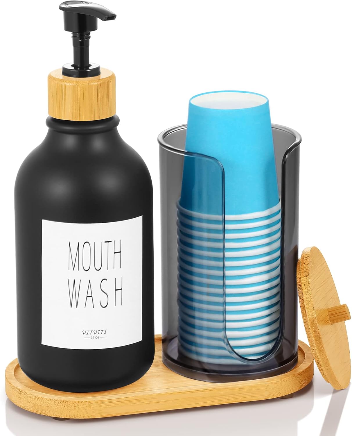 VITVITI Dispensador de enjuague bucal para baño, botella con bomba de lavado bucal con soporte para vasos de papel, contenedor de enjuague bucal