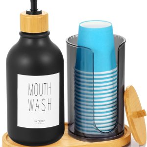 VITVITI Dispensador de enjuague bucal para baño, botella con bomba de lavado bucal con soporte para vasos de papel, contenedor de enjuague bucal VITVITI Dispensador de enjuague bucal para baño, botella con bomba de lavado bucal con soporte para vasos de papel, contenedor de enjuague bucal