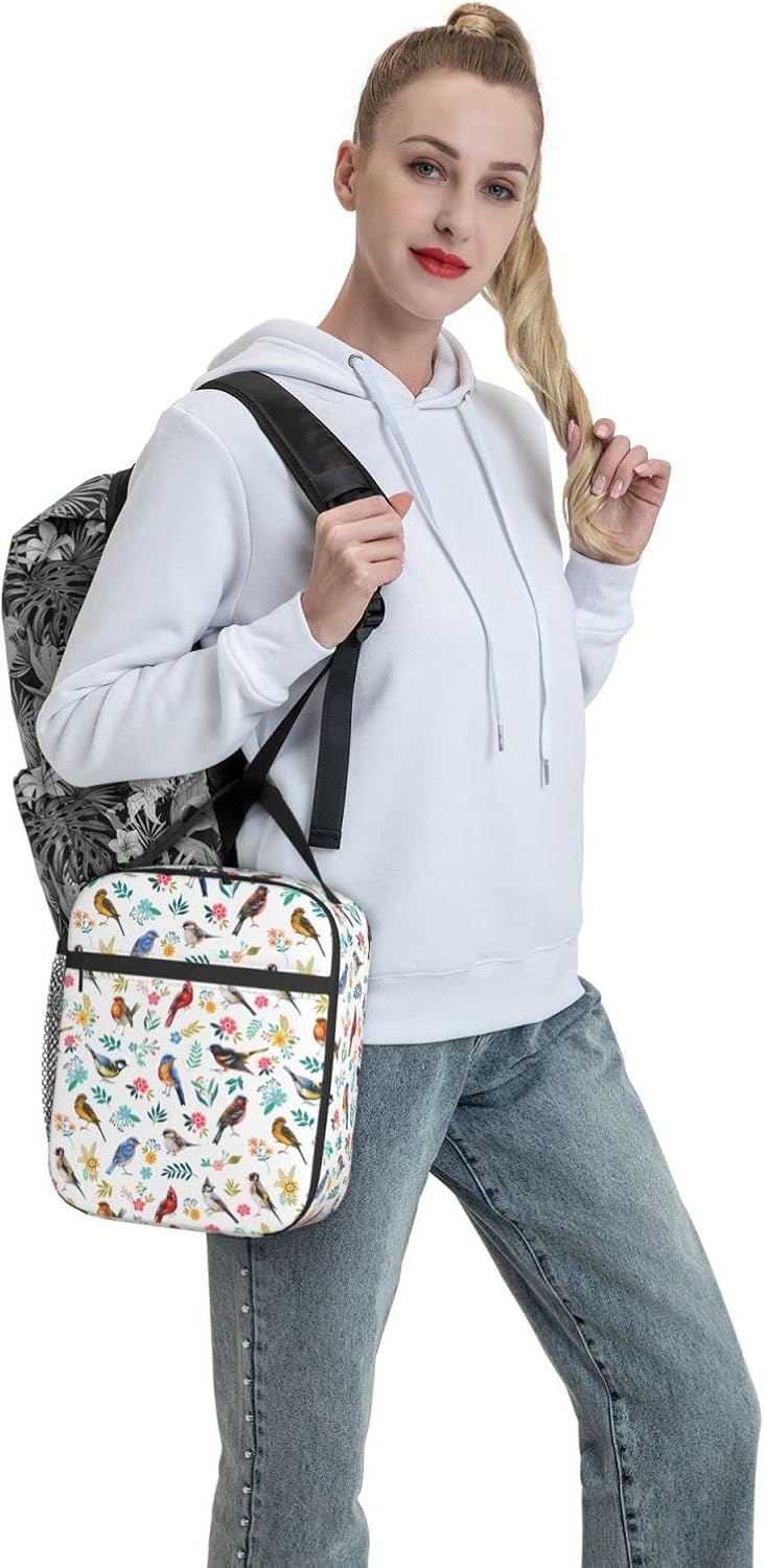 Lonchera con diseño de pájaros en acuarela, doble aislamiento, a prueba de fugas, bolsa de mano, organizador de almuerzo para trabajo, picnic,