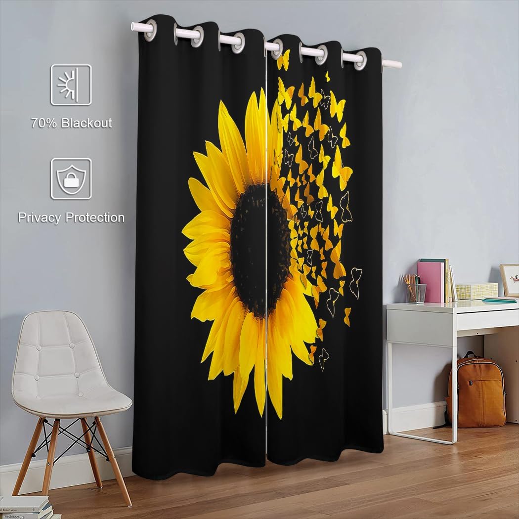 KLRIGR Cortinas opacas divertidas de girasol de 54 pulgadas de ancho x 84 pulgadas de largo, con ojales, aislamiento térmico, para oscurecer la