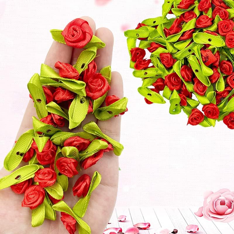 Mini rosas de cinta, 100 flores de tela artificial con hojas verdes, rosetas rojas, mini rosas de cinta para manualidades, costura, manualidades,