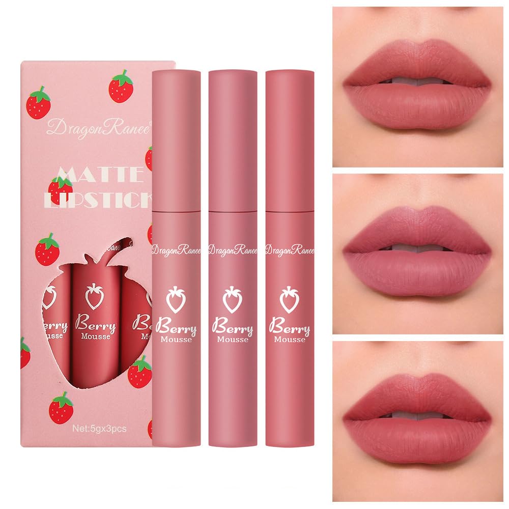 Juego de 3 lápices labiales de colores lisos, mate, 3 colores por juego, tinte líquido de larga duración (juego C)