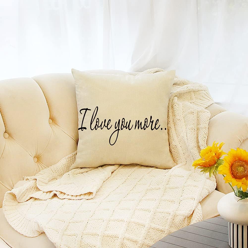 Ogiselestyle I Love You More – Funda de almohada de lino y algodón para el hogar, funda de cojín decorativa para sofá, 18 x 18 pulgadas