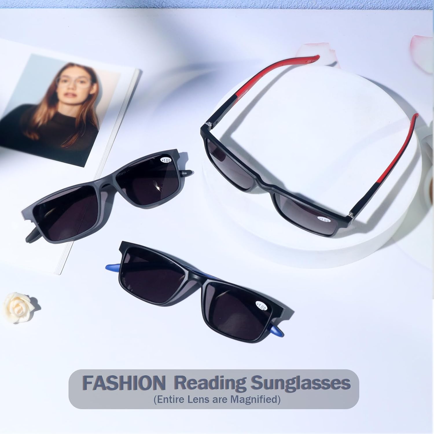 Paquete de 3 lentes de lectura, gafas de sol deportivas con marco cuadrado para lectura al aire libre para mujeres y hombres, +1.50, no bifocales