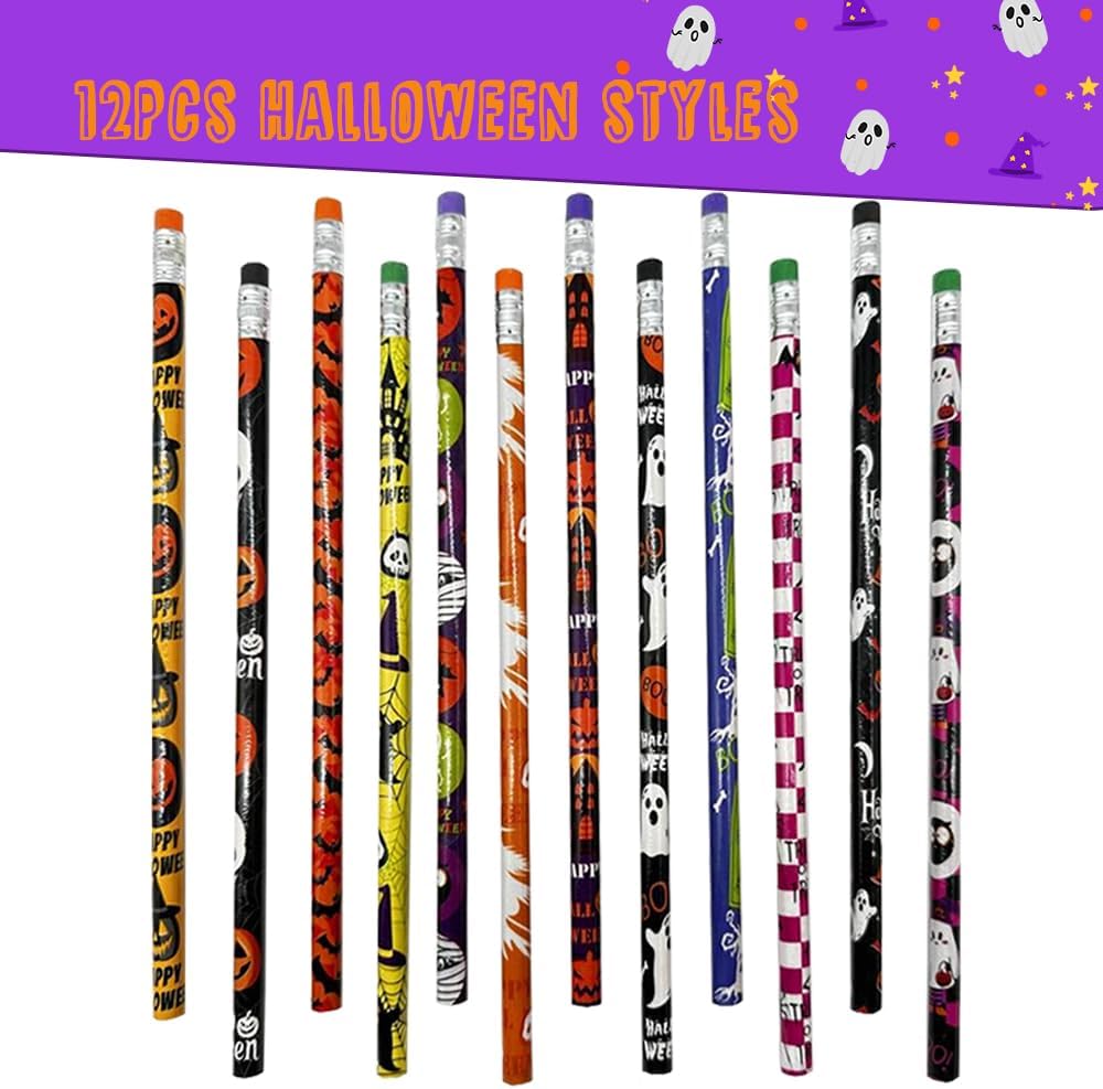 60 lápices de Halloween a granel surtidos coloridos con temática de Halloween, fantasma, calabaza, esqueleto, murciélago, araña, lápices de madera