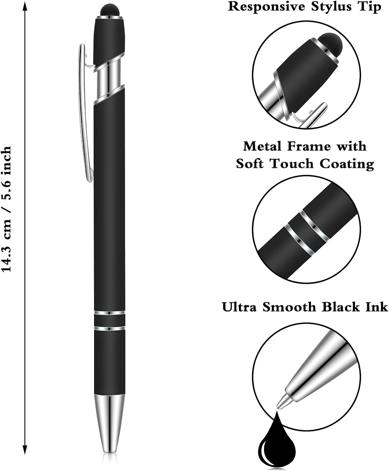 12 bolígrafos con punta de lápiz capacitivo, 0.039 in de tinta negra, bolígrafo de metal para pantallas táctiles, bolígrafo 2 en 1 (negro)