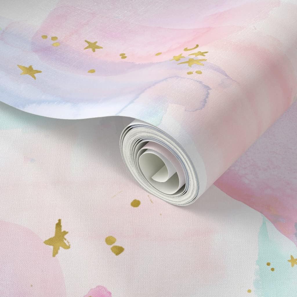 Spoonflower Papel tapiz para despegar y pegar, diseño de estrellas de acuarela de arcoíris, dorado, algodón, caramelo, pastel, unicornio, papel