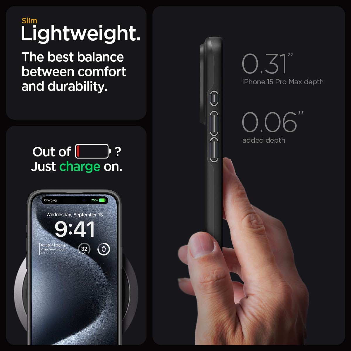 Spigen Funda delgada diseñada para iPhone 15 Pro Max (2023), protección de grado militar, color negro