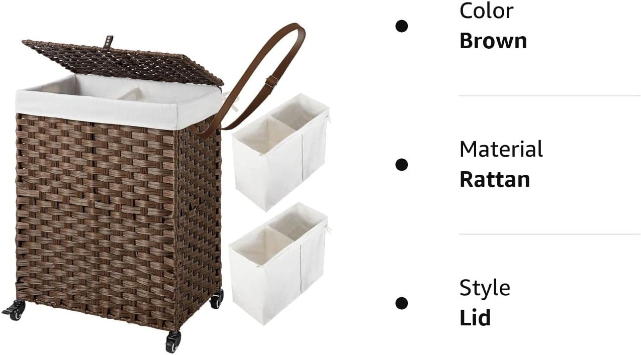 GREENSTELL Cesto para ropa sucia con ruedas, no necesita instalación, cestas tejidas a mano divididas de 90 litros y 2 bolsas de forro extraíbles,