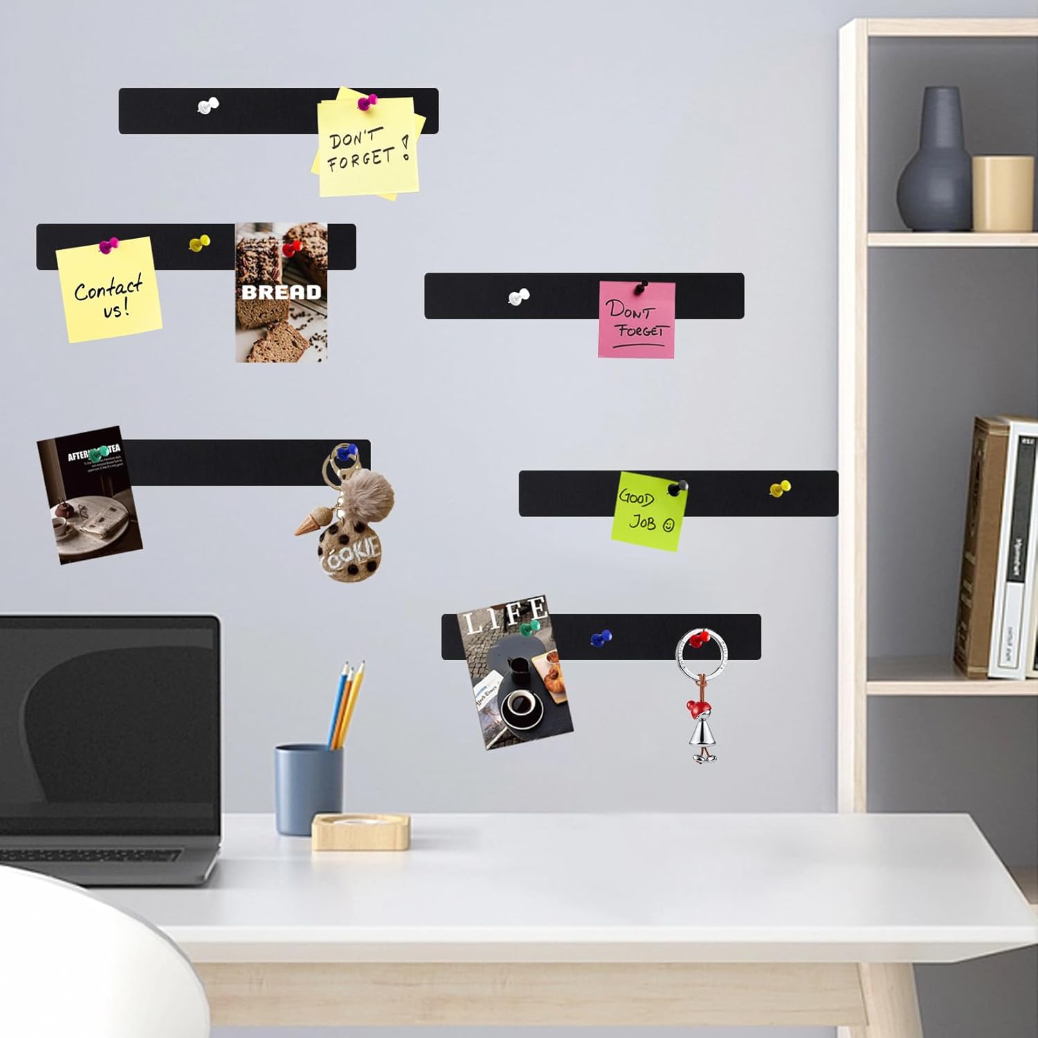 6 tiras rectangulares de fieltro de corcho con 35 chinchetas, autoadhesivas, tablero de anuncios para oficina, escuela, hogar, decoración de pared,