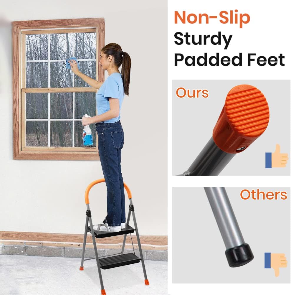 Escalera de 2 escalones, taburete plegable de metal para adultos, escalera plegable de acero portátil para servicio pesado, pedal ancho