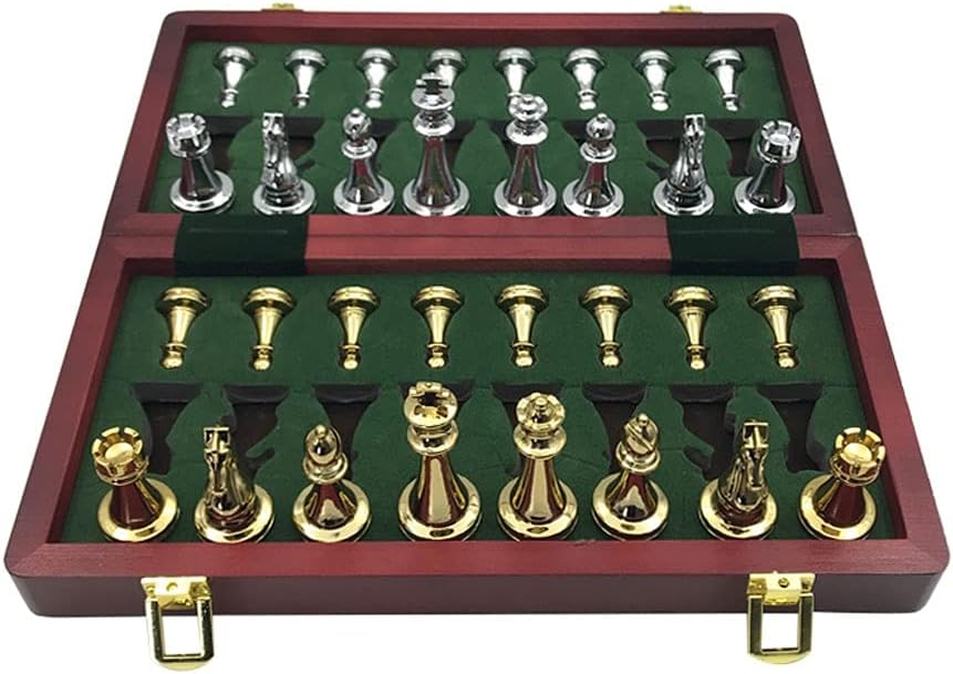 ROLTIN Piezas metálicas de ajedrez de madera maciza plegable tablero de ajedrez juegos de ajedrez
