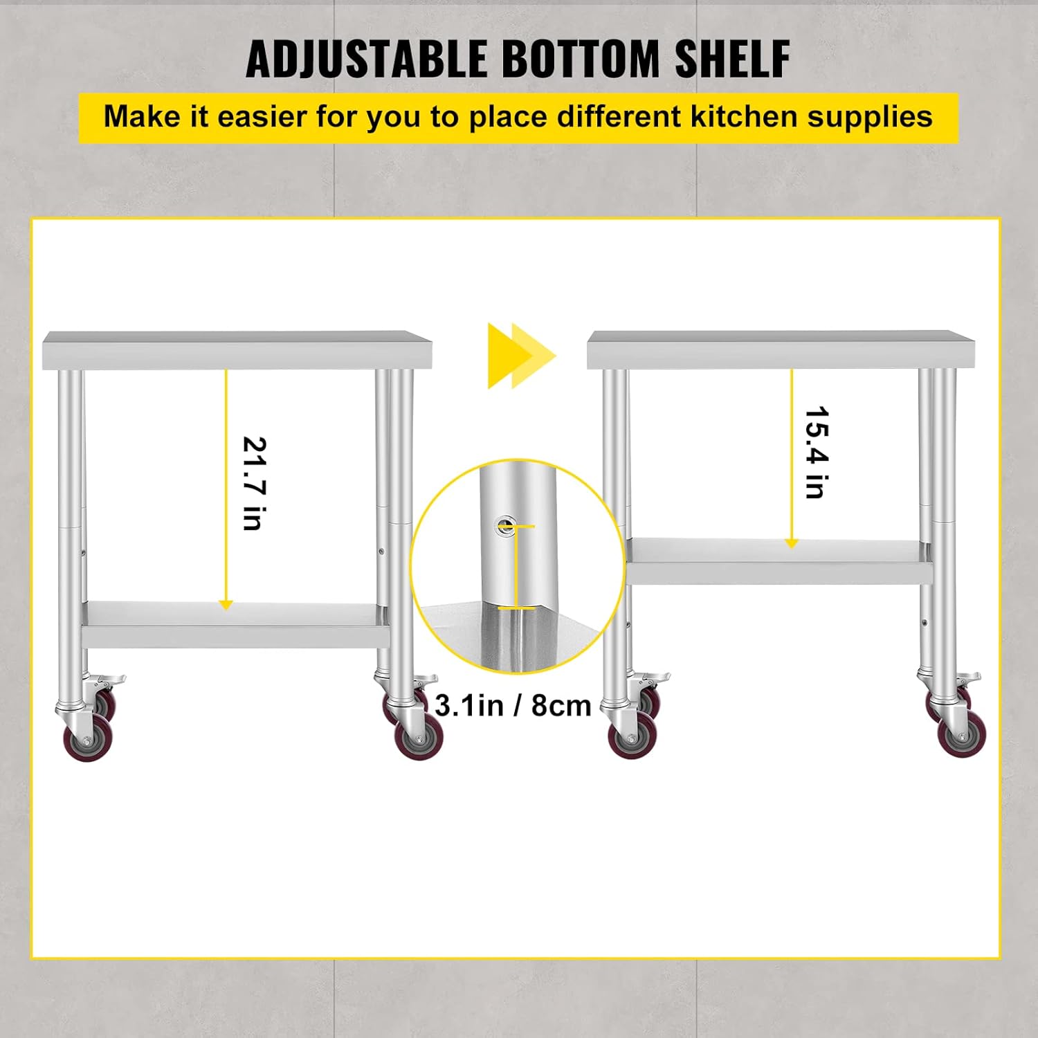 Vevor Mesa de trabajo de acero inoxidable de 30 x 12 x 34 pulgadas, estante ajustable de 3 etapas con 4 ruedas, mesa de trabajo de preparación de