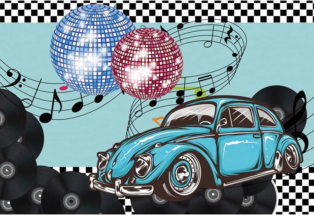 Renaiss Telón de fondo de 1950 y 1950, 7 x 5 pies, bolas de discoteca, vinilos para automóvil vintage de regreso a la fotografía de los años 50,