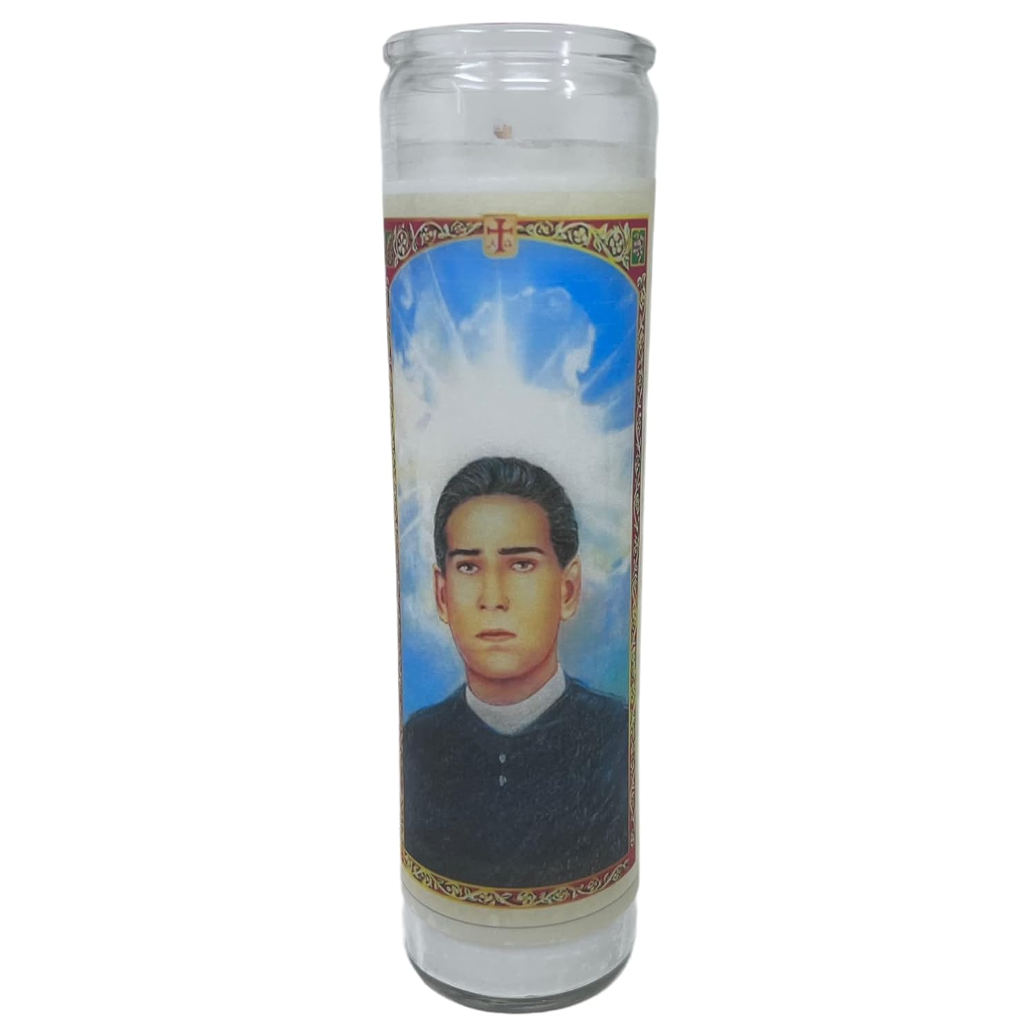 veladora de rezo Santo toribio Romo Patrono de los inmigrantes oración en español al reverso veladora blanca sin aroma