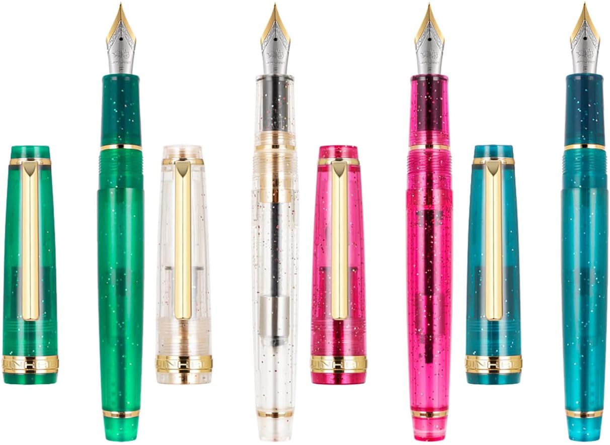 JinHao 82 – Pluma estilográfica transparente, mezclada, colorida, fluorescencia, acrílico, punta fina, oro, con juego de convertidor de tinta, 4