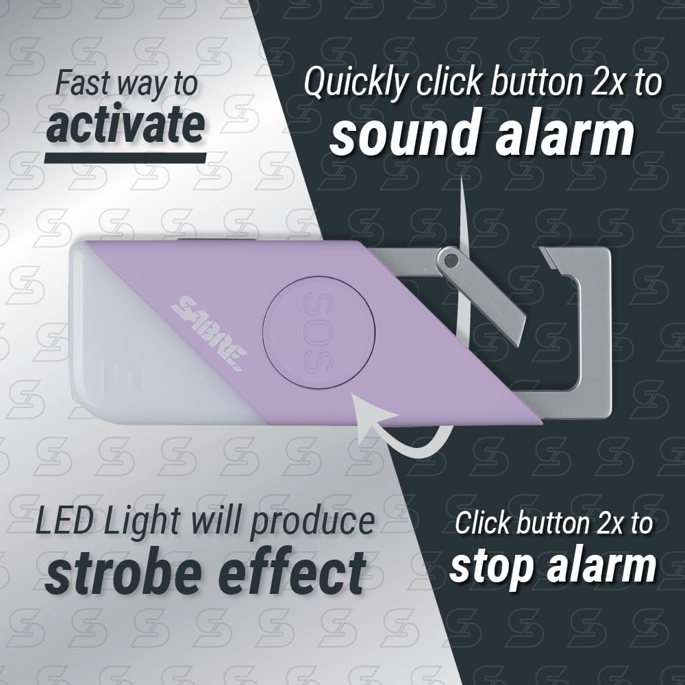 SABRE Alarma personal 2 en 1 con luz LED y botón SOS, sirena de 130 dB escuchada desde 1,800 pies (1,640.4 ft), clip de mosquetón para fácil