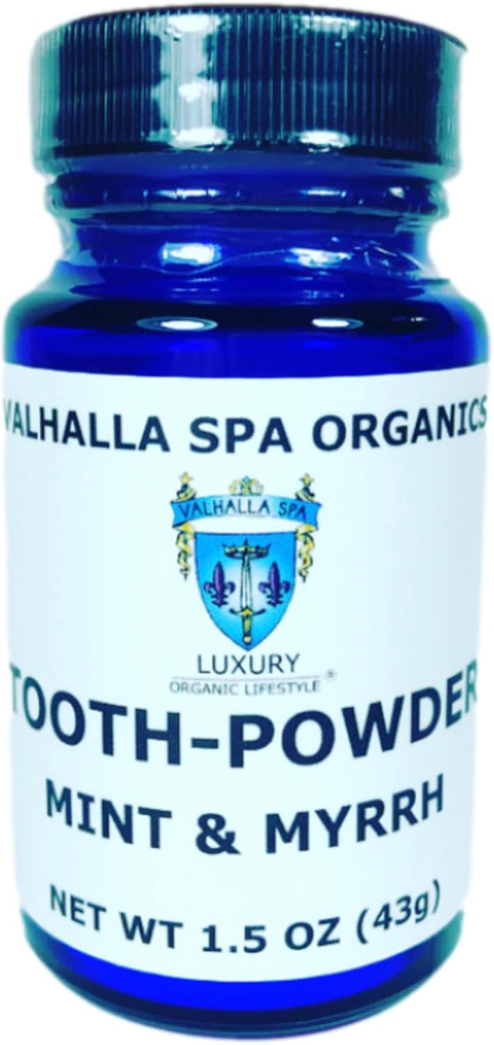 Polvo dental con menta y mirra  Pasta de dientes natural  Sin flúor  Blanqueamiento  Pulido  Valhalla Spa Organics 1.5 oz