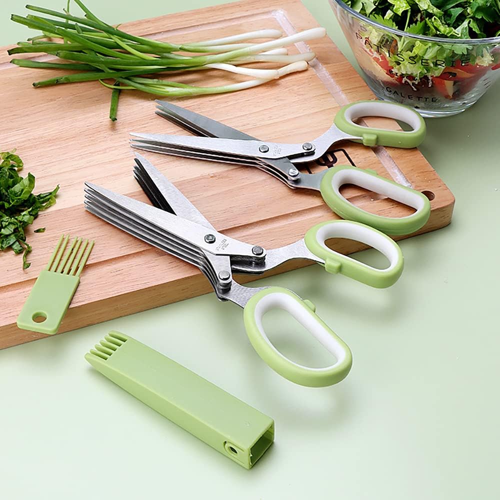 A-XINTONG – Tijeras multicapa de acero inoxidable con cepillo pequeño, para cortar verduras, hierbas, papel triturado, versátil, fácil de usar