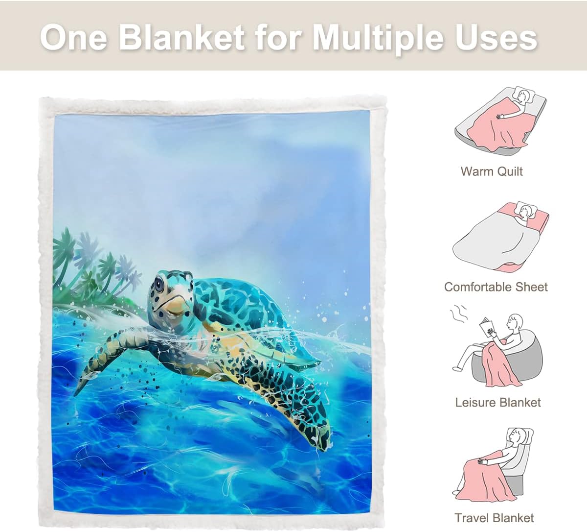 Sleepwish Manta reversible de vellón sherpa de tortuga marina 3D, manta mullida de felpa azul náutica para amantes de los animales de playa, regalo