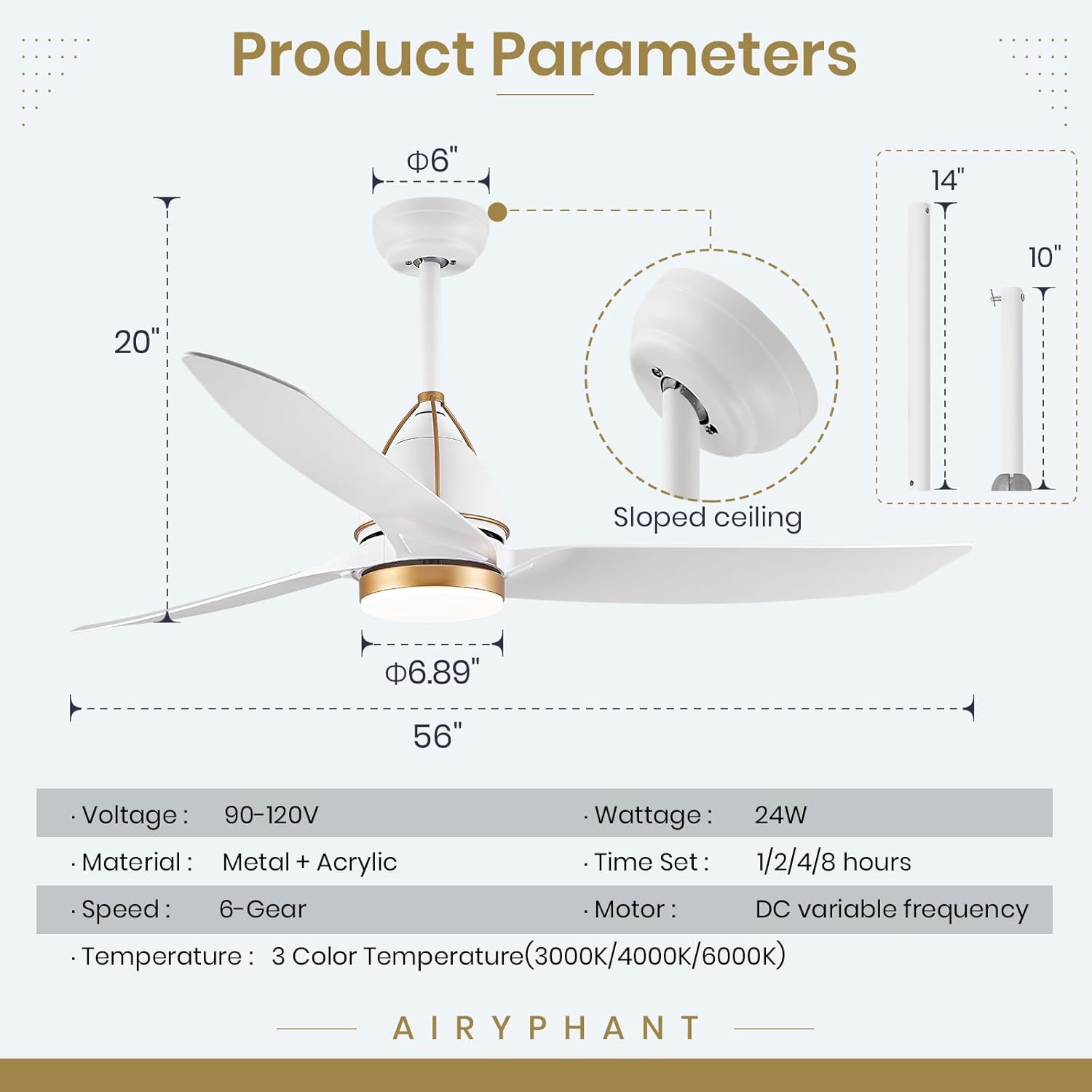 AIRYPHANT Ventiladores de techo de 56 pulgadas con control remoto de luces, ventilador de techo para exteriores, ventilador de techo moderno de 3