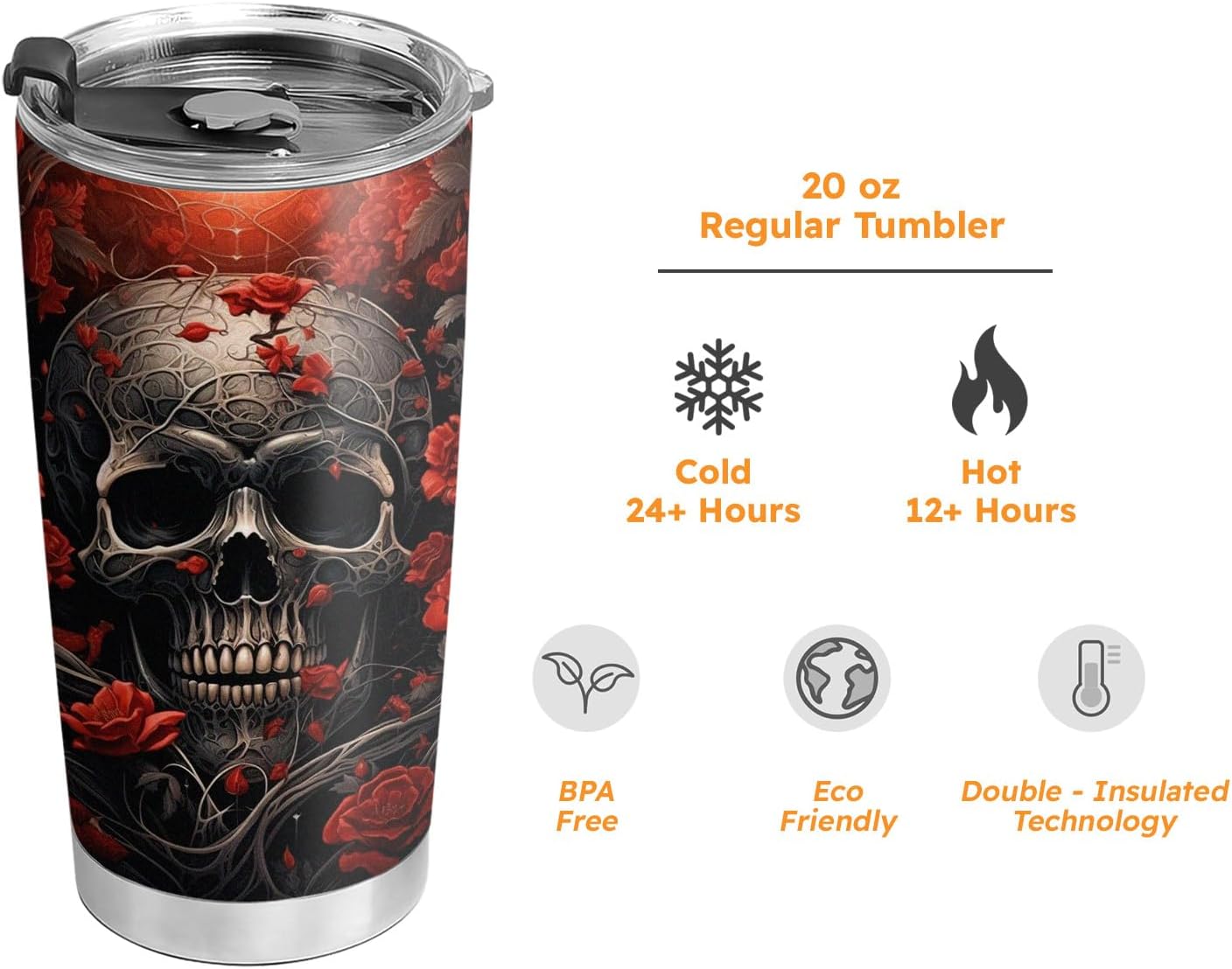 Vaso de Halloween de 20 onzas  Vaso de calavera  Vaso de calavera de calabaza de Halloween, taza de viaje aislada con tapa, termo de café para