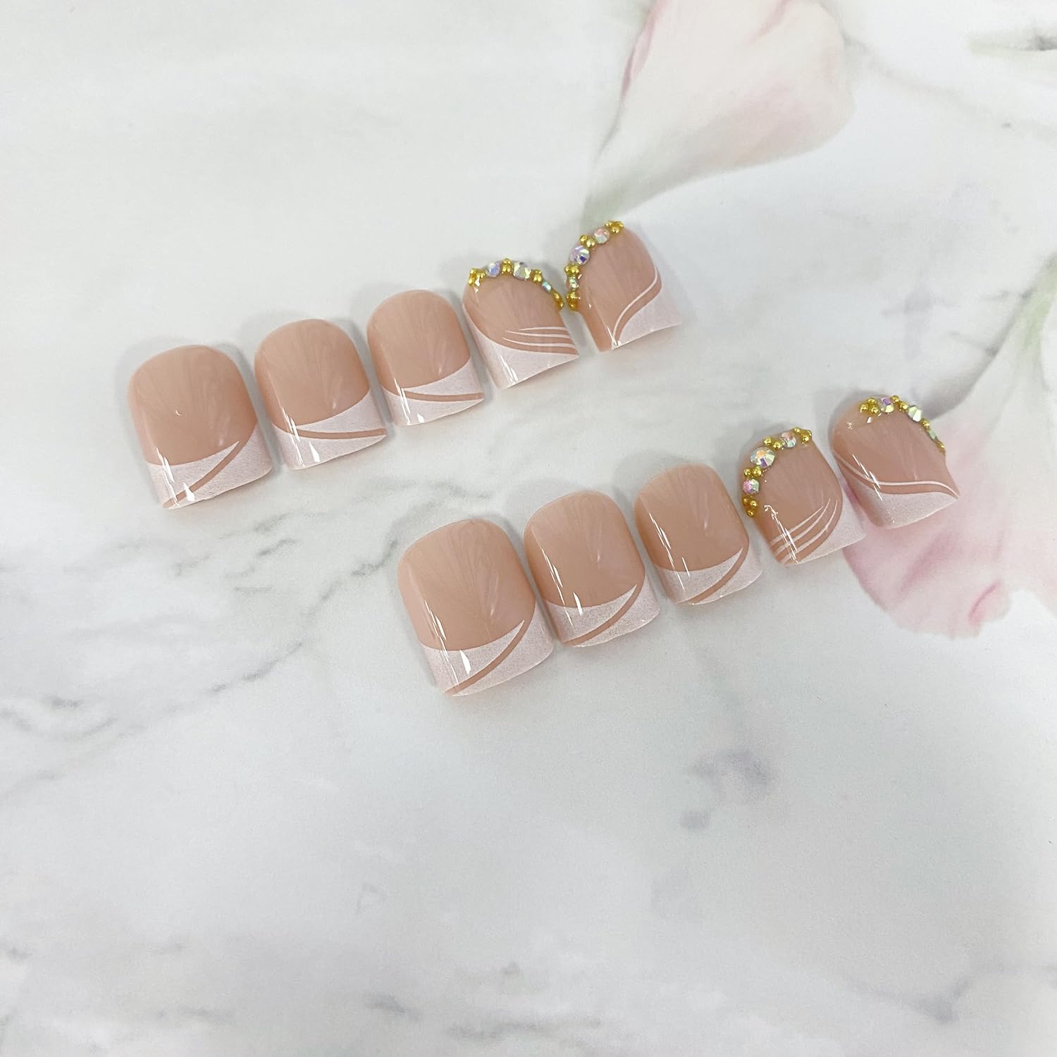 Uñas postizas cuadradas a presión, uñas postizas cortas de color rosa, con diseños de diamantes de imitación, uñas francesas brillantes de cobertura