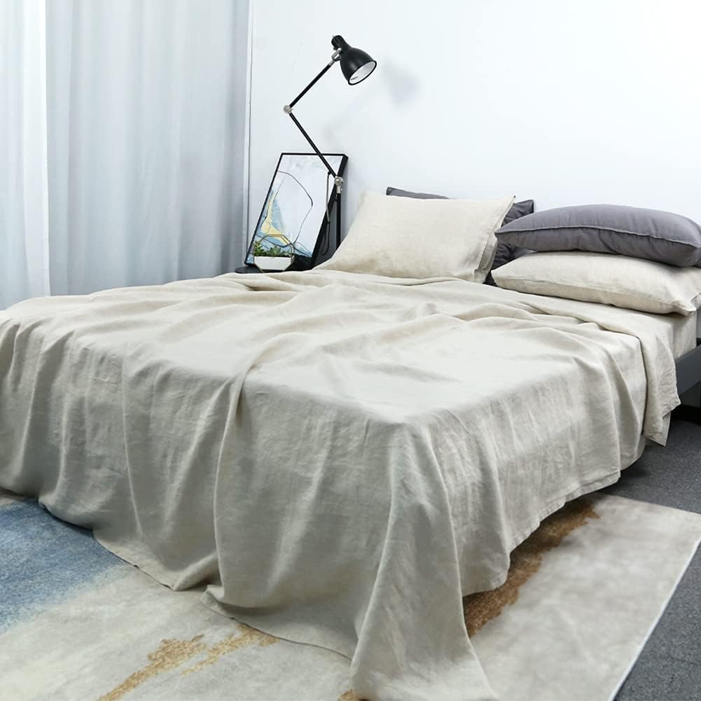 Juego de sábanas de 100 % lino francés natural, 4 piezas, ropa de cama suave y transpirable con bolsillo profundo (1 sábana encimera, 1 sábana