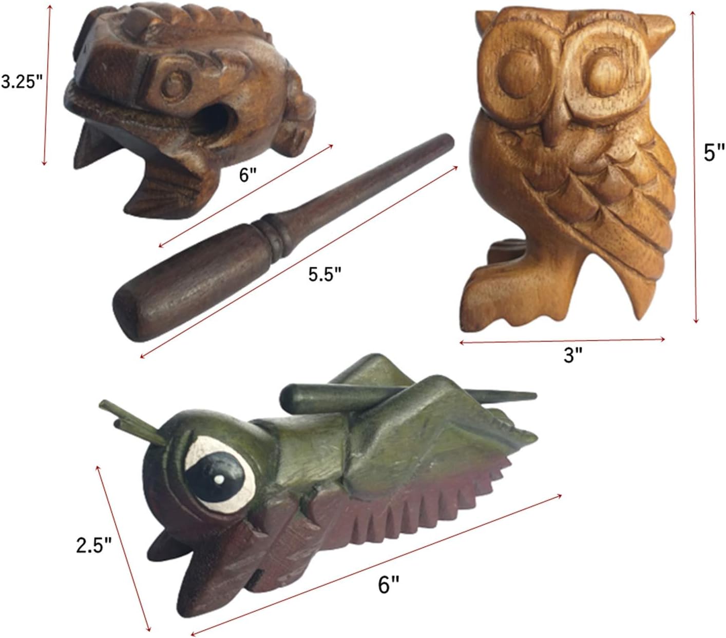 Juego de 3 instrumentos musicales de rana, grillo y búho de percusión de madera de Tailandia, decoración de oficina en casa, bonito regalo (mediano)