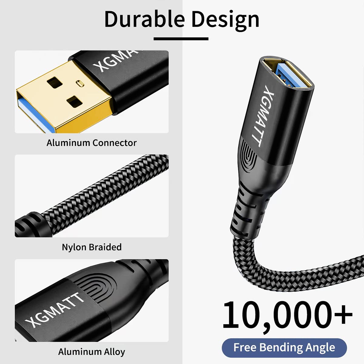 XGMATT Cable de extensión USB 3.0 de 6.6 pies + 6.6 pies, cable de extensión USB 3.0 USB tipo A, macho a hembra, sincronización de datos de 5 Gbps,