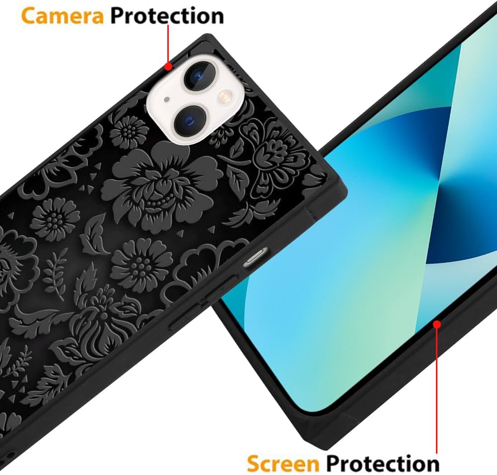 SAKUULO Funda para iPhone 13, protector de pantalla + soporte Bonito diseño de estampado de flores negras, protección de bordes de TPU suave,