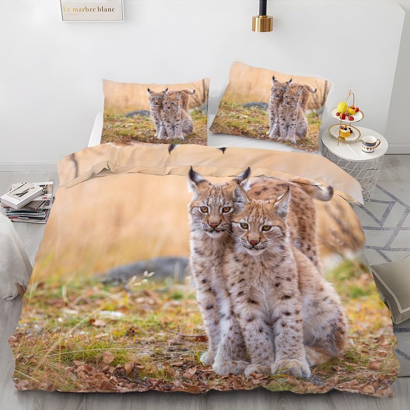 Brown Small Animals King Duvet Cover Lynx Print King Bedding Set Soft Microfiber Comforter Cover and 2 Pillow Shams 20″X36″, Bed Set Duvet Covers