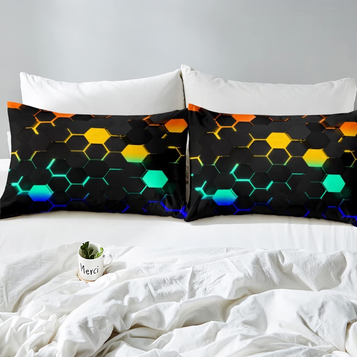 Juego de ropa de cama de panal 3D tamaño Queen, juego de funda de edredón hexagonal de luz neón colorida de 3 piezas para niños, adolescentes y