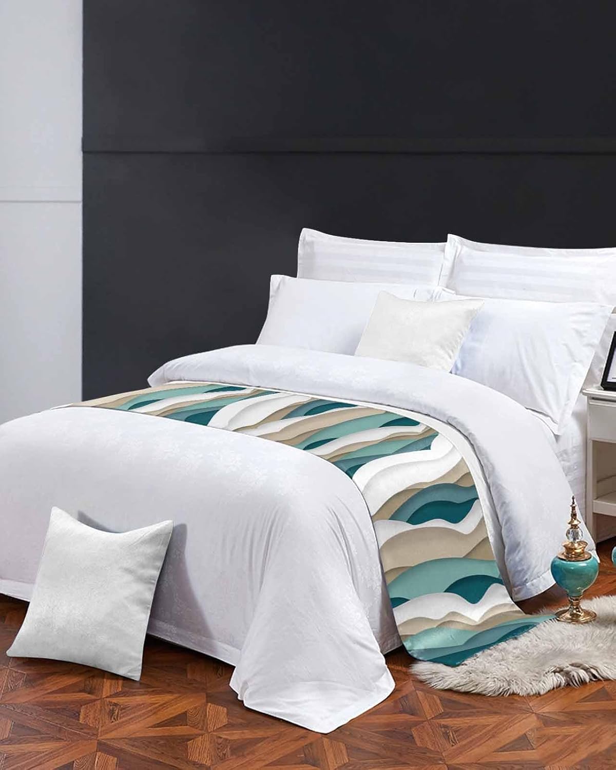 Camino de cama marrón turquesa con olas oceánicas para cama de tamaño King, protector de bufanda, manta de cama decorativa para dormitorio, hotel,
