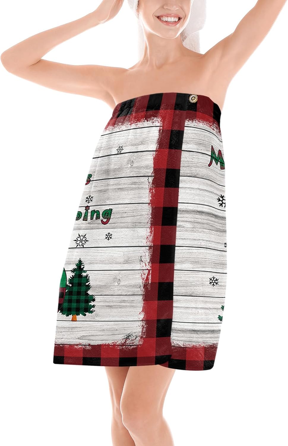 Shower Wrap Robe for Women Bath Body Towel Wrap Spa Merry Christmas Soft Absorbent Bathrobe with Adjustable Snap Closure Button Design Bathroom