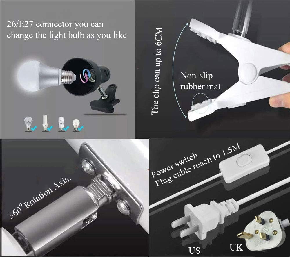 Sun-Rising Lámpara de lectura portátil con clip de rotación de 360, con abrazadera en el escritoriomesaliteraarmarioiluminación de luz para el