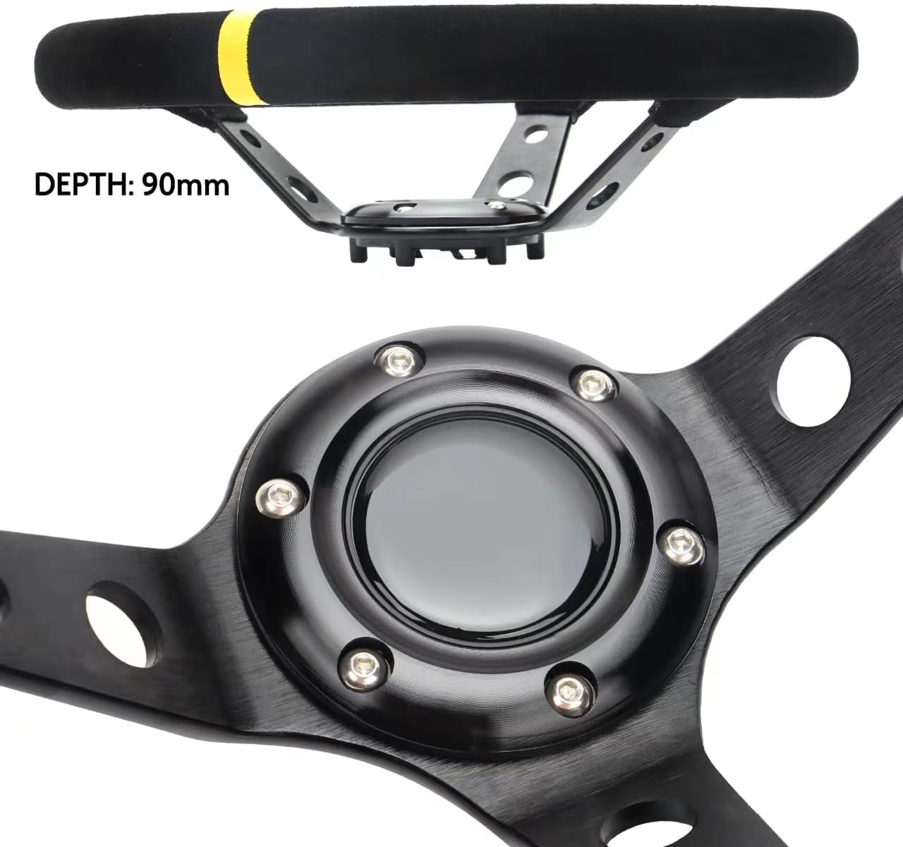 Volante de carreras de rayas amarillas Cuero de gamuza 12.5 “12.598 in Radios de aluminio Drifting Deep Dish Volante deportivo con botón de cuerno