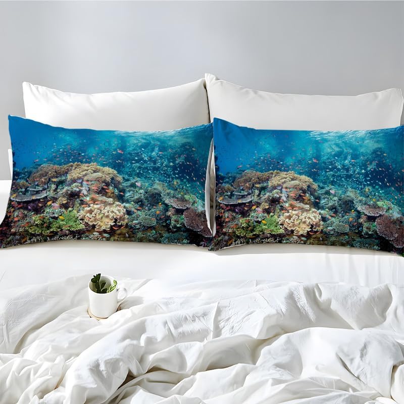 Juego de funda de edredón tamaño individual con estampado de paisaje azul oscuro, funda de edredón de microfibra suave y 2 fundas de almohada de 20
