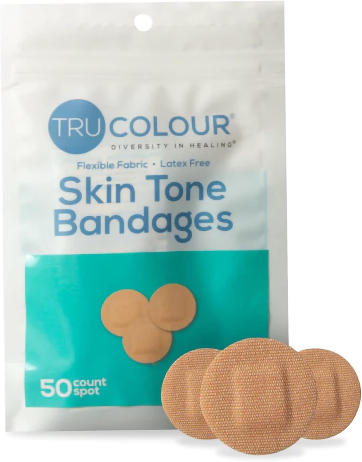 Tru Colour – Vendajes puntuales, vendajes adhesivos de tela flexible, tono de piel beige, bolsa aguamarina, 50 unidades