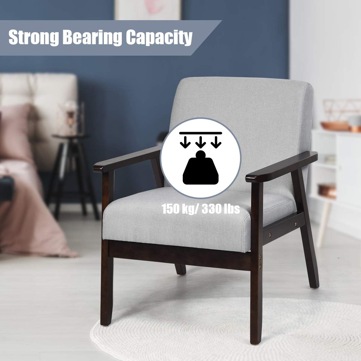 Giantex Silla decorativa moderna Mid-Century, sillón de tela retro, hecho de madera maciza, sillón tapizado de lino para sala de estar (1, gris