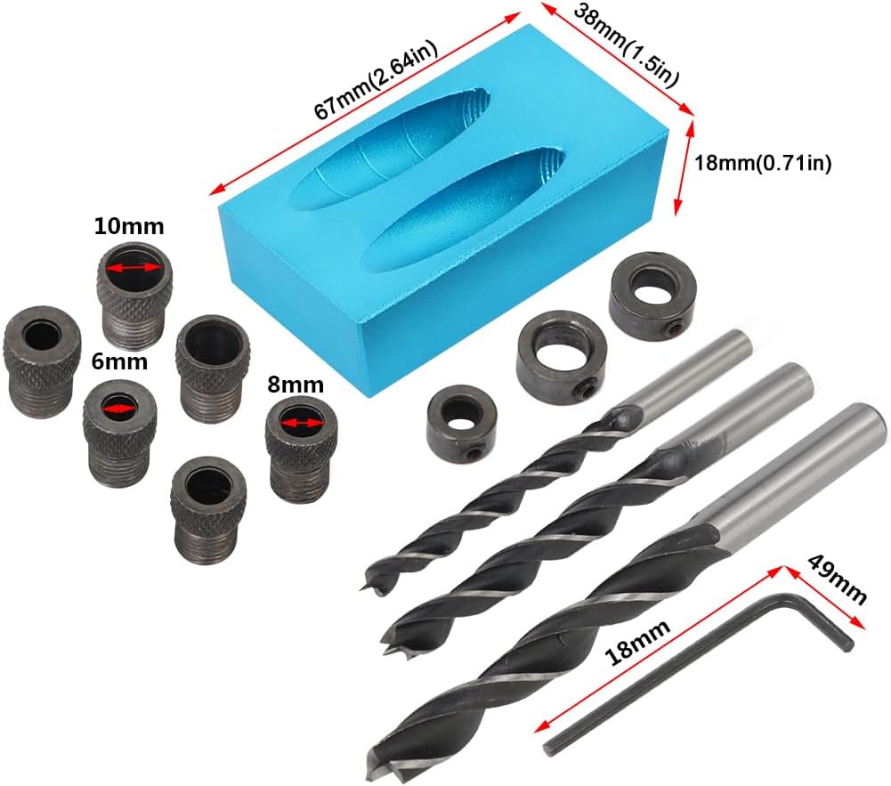 037BL – Kit de plantilla de agujero de bolsillo de 14 piezas, plantilla de agujero inclinado para carpintería de 15 grados con brocas de