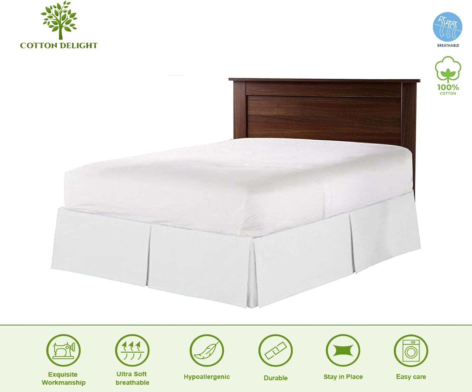 Cotton Delight Falda de cama tamaño Queen, 100% algodón natural, 800 hilos, ajuste a medida, 1 falda de cama tamaño Queen de 16 pulgadas, longitud