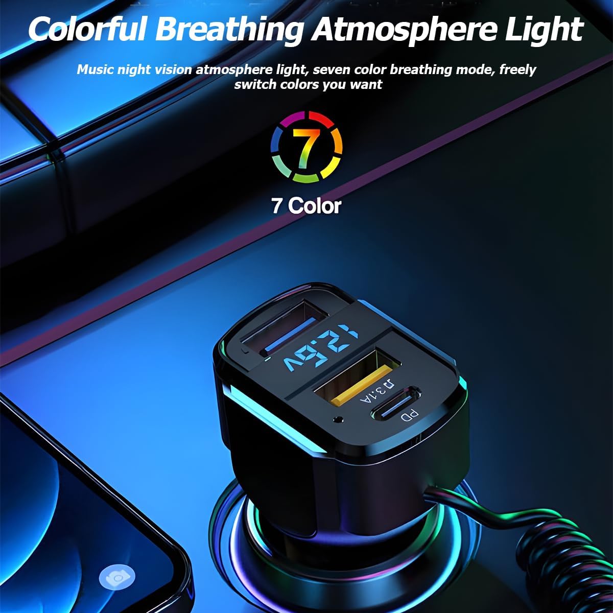 Cargador de coche USB C, cargador de coche rápido de 3 puertos PD3.0 y QC3.0 con pantalla digital LED, adaptador de carga rápida para encendedor de
