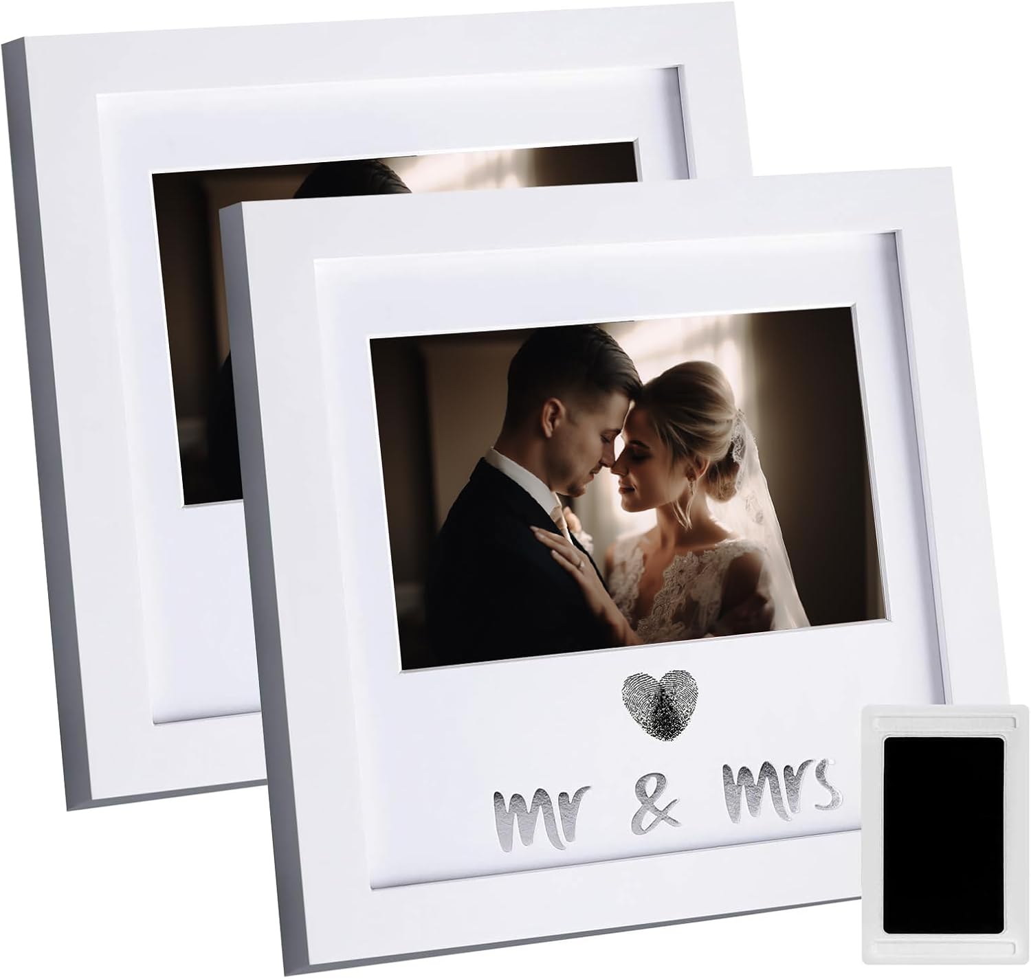 Jinchuan Paquete de 2 marcos de recuerdo con huella dactilar de corazón y kit de tinta, marco de fotos de boda, idea de regalo de despedida de