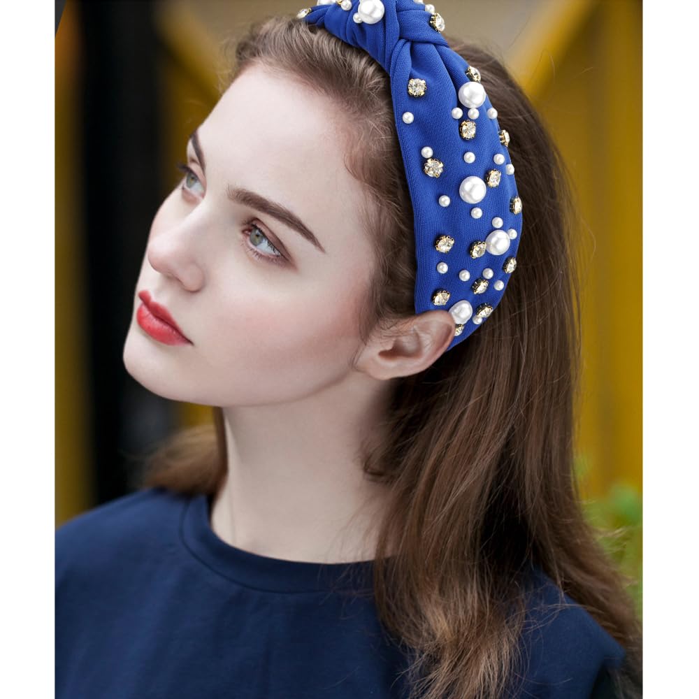 Atoden Diademas anudadas con diamantes de imitación de perlas azul real para mujer, diademas anchas con nudo superior con cuentas, bandas de cabeza